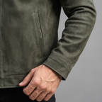 Men's army green matte faux leather zip jacket, cuff and welt pocket detail