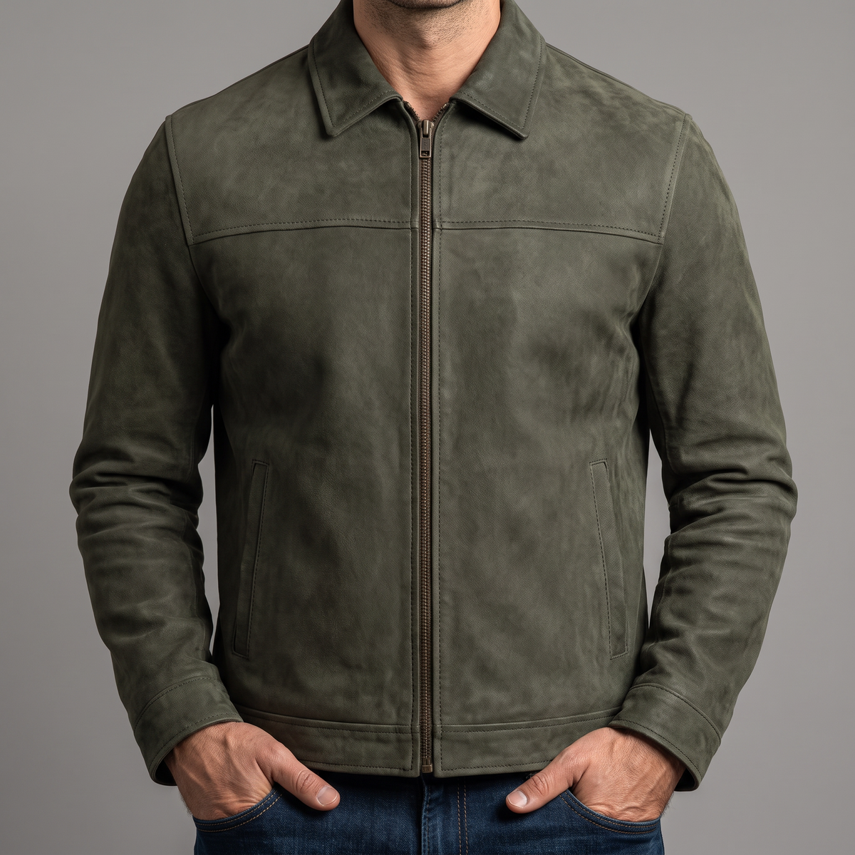 Men's army green matte faux leather zip jacket, collar and chest seam detail