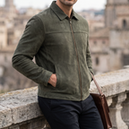Men's army green matte faux leather zip jacket, three-quarter lifestyle view