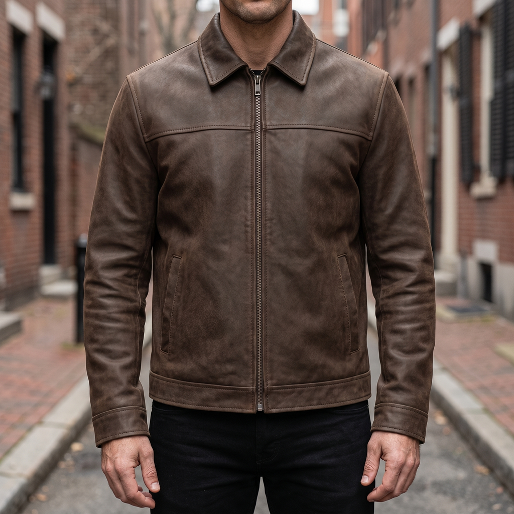 Men's brown matte faux leather zip jacket, street lifestyle view