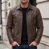 Men's brown matte faux leather zip jacket, front lifestyle view