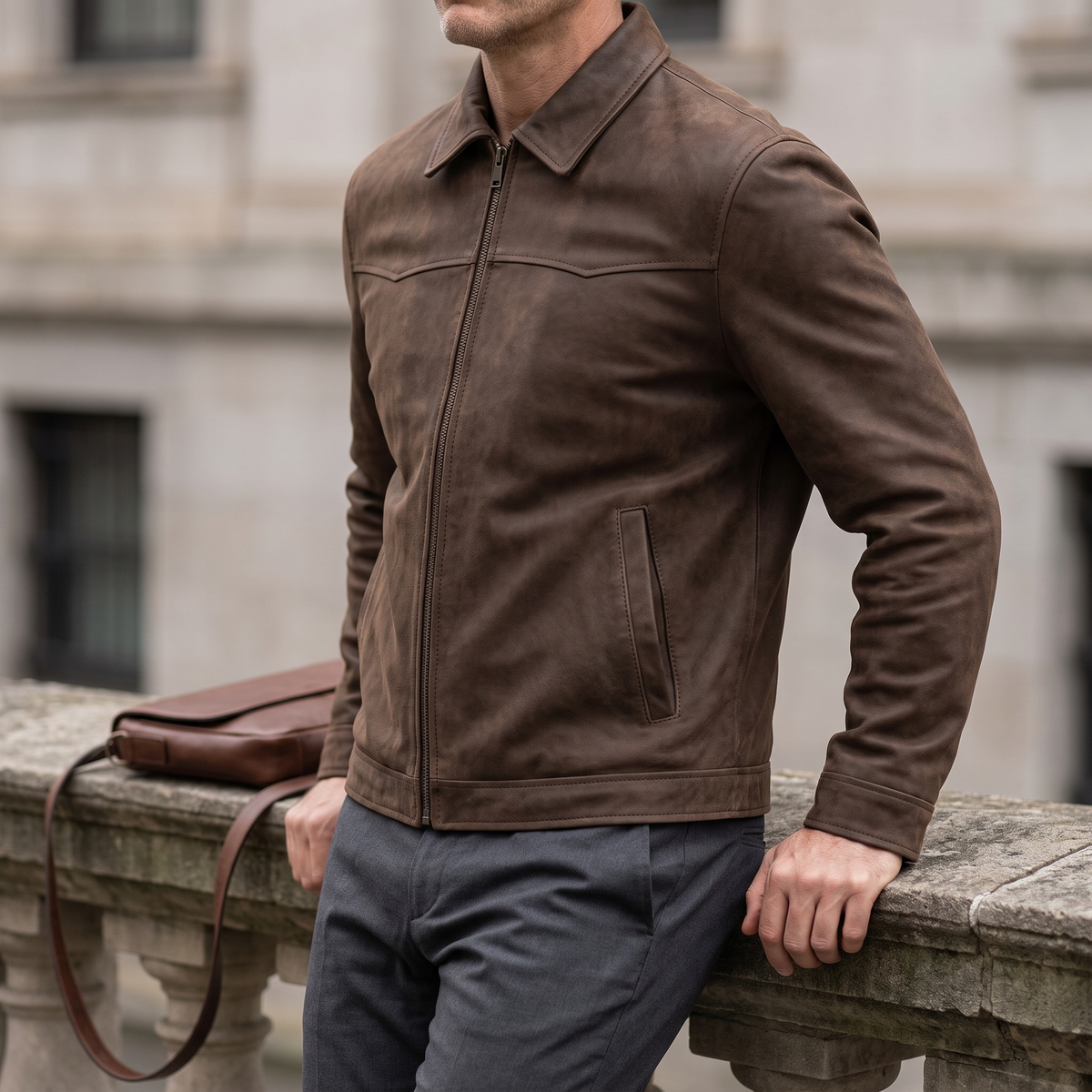 Men's brown matte faux leather zip jacket, three-quarter lifestyle view