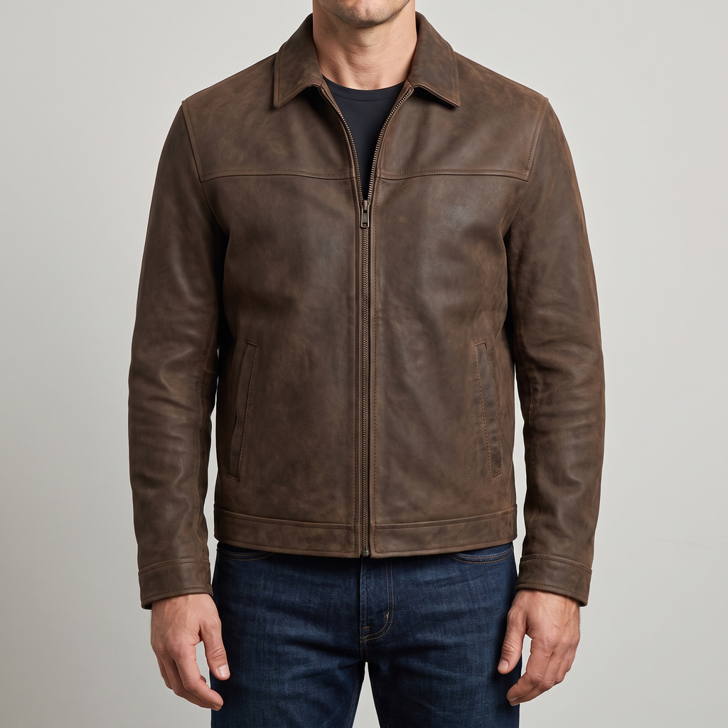 Men's brown matte faux leather zip jacket, studio front view
