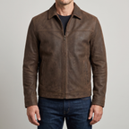 Men's brown matte faux leather zip jacket, studio front view