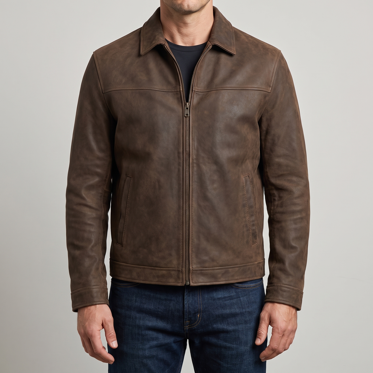 Men's brown matte faux leather zip jacket, studio front view