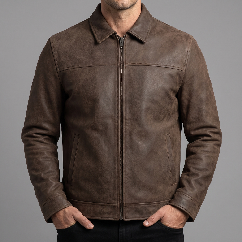 Men's brown matte faux leather zip jacket, collar and chest seam detail