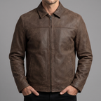 Men's brown matte faux leather zip jacket, collar and chest seam detail
