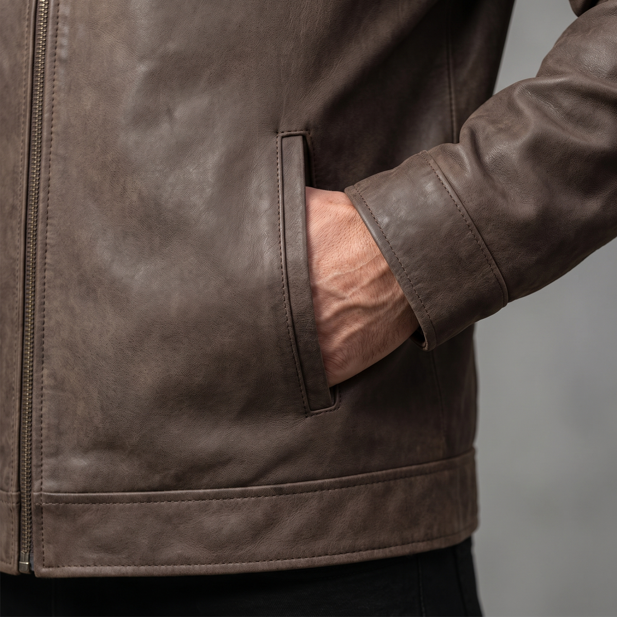 Men's brown matte faux leather zip jacket, cuff and welt pocket detail