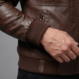 Men's brown hooded faux leather jacket, cuff detail