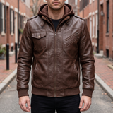 Men's brown hooded faux leather jacket, street lifestyle view