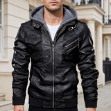 Men's black hooded faux leather jacket, front lifestyle view
