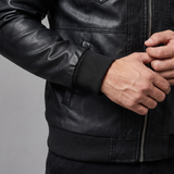 Men's black hooded faux leather jacket, cuff detail