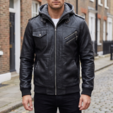 Men's black hooded faux leather jacket, street lifestyle view