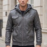 Men's grey hooded faux leather jacket, front lifestyle view