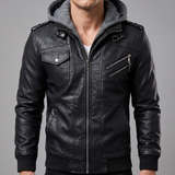 Men's black hooded faux leather jacket, collar and chest detail