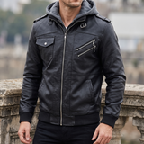 Men's black hooded faux leather jacket, three-quarter lifestyle view