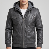 Men's grey hooded faux leather jacket, studio front view