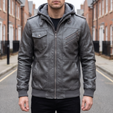 Men's grey hooded faux leather jacket, street lifestyle view