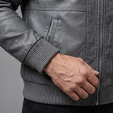 Men's grey hooded faux leather jacket, cuff detail