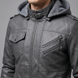 Men's grey hooded faux leather jacket, collar and chest detail