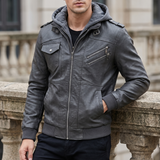 Men's grey hooded faux leather jacket, three-quarter lifestyle view