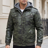 Men's camouflage green hooded faux leather jacket, front lifestyle view