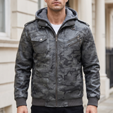 Men's camouflage gray hooded faux leather jacket, front lifestyle view