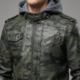 Men's camouflage green hooded faux leather jacket, collar and chest detail