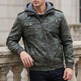 Men's camouflage green hooded faux leather jacket, three-quarter lifestyle view