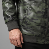 Men's camouflage green hooded faux leather jacket, cuff detail