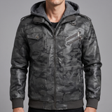 Men's camouflage gray hooded faux leather jacket, collar and chest detail