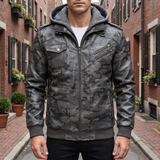 Men's camouflage gray hooded faux leather jacket, street lifestyle view