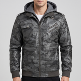 Men's camouflage gray hooded faux leather jacket, studio front view