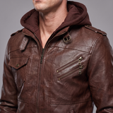 Men's brown hooded faux leather jacket, collar and chest detail