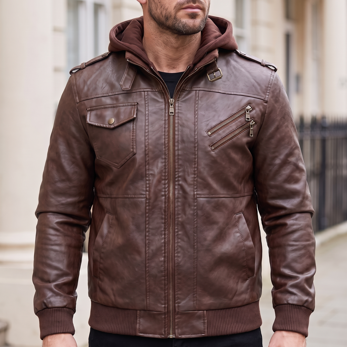 Men's brown hooded faux leather jacket, front lifestyle view