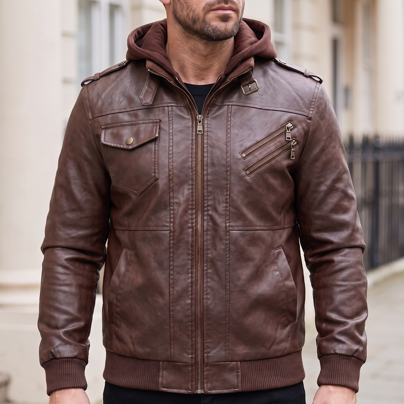 Men's brown hooded faux leather jacket, front lifestyle view