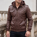 Men's brown hooded faux leather jacket, three-quarter lifestyle view
