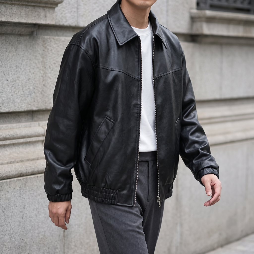 Men's black relaxed faux leather bomber jacket, three-quarter lifestyle view