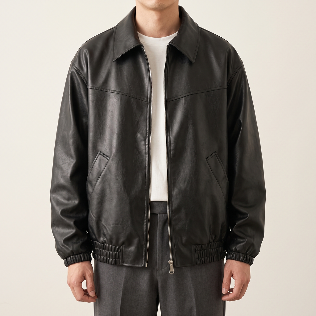 Men's black relaxed faux leather bomber jacket, studio front view