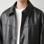 Men's black relaxed faux leather bomber jacket, collar detail
