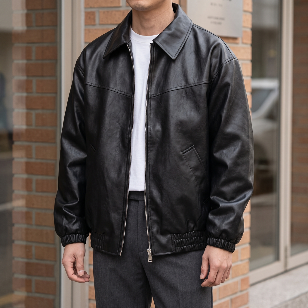 Men's black relaxed faux leather bomber jacket, street lifestyle view