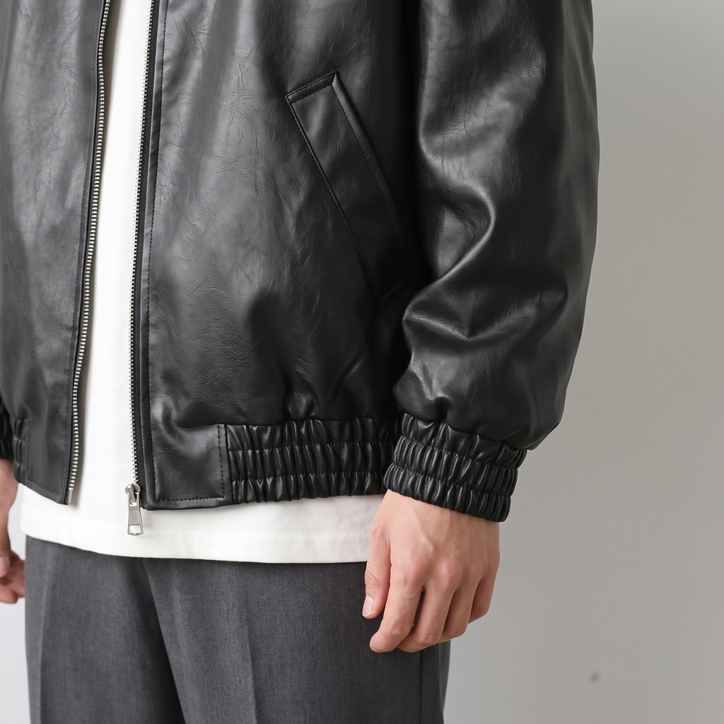 Men's black relaxed faux leather bomber jacket, gathered cuff detail