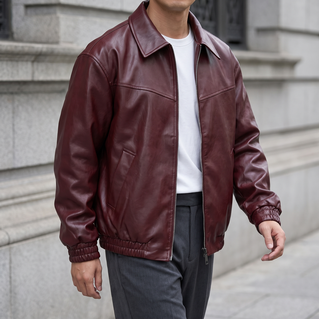 Men's wine red relaxed faux leather bomber jacket, three-quarter lifestyle view