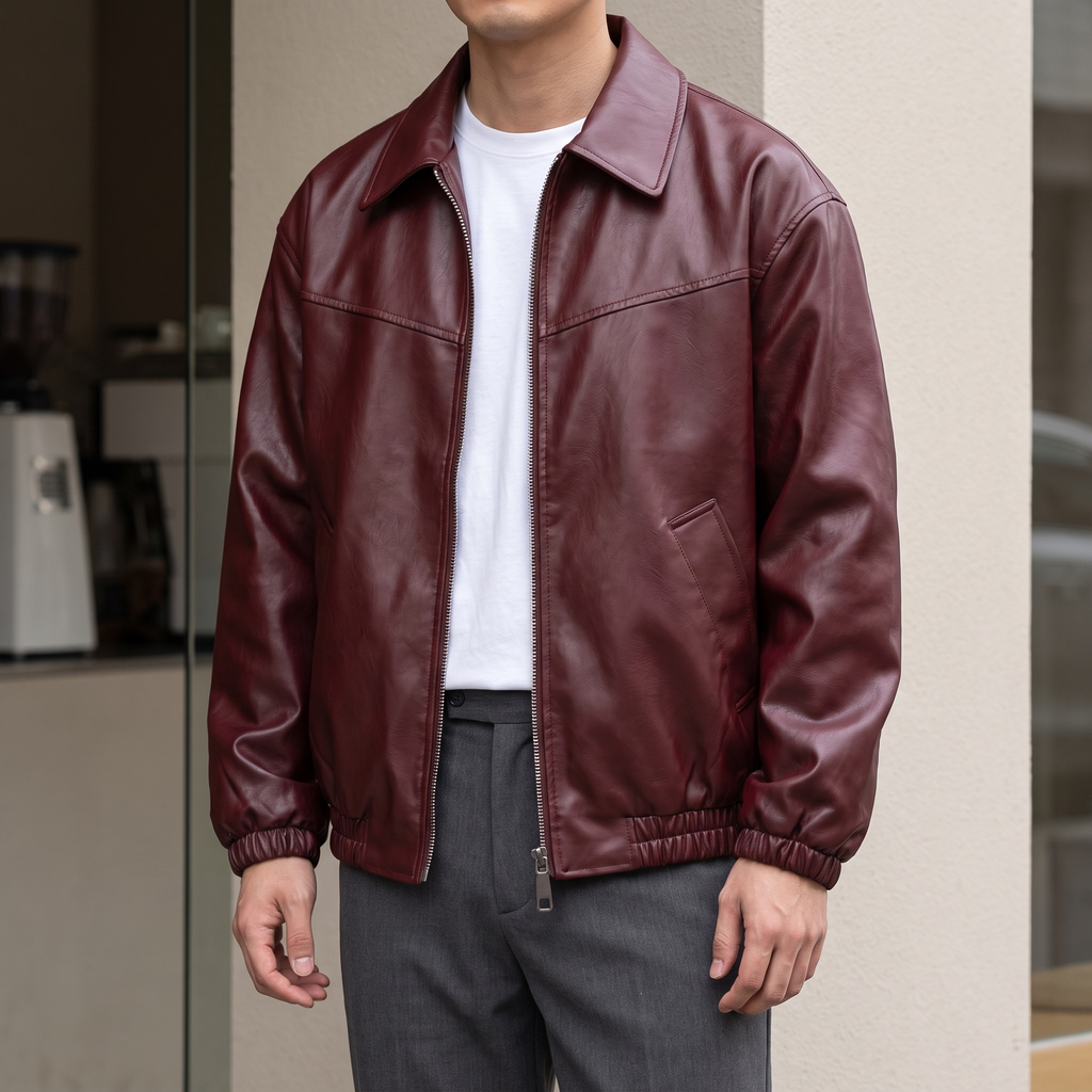 Men's wine red relaxed faux leather bomber jacket, street lifestyle view