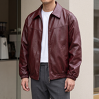 Men's wine red relaxed faux leather bomber jacket, street lifestyle view