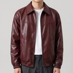 Men's wine red relaxed faux leather bomber jacket, collar detail