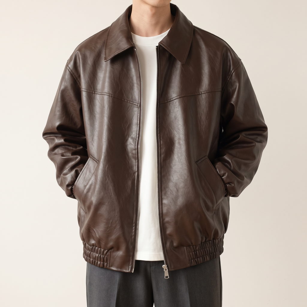 Men's brown relaxed faux leather bomber jacket, studio front view