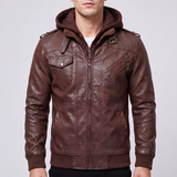 Men's brown hooded faux leather jacket, studio front view