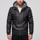 Men's black hooded faux leather jacket, studio front view