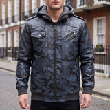 Men's camouflage blue hooded faux leather jacket, street lifestyle view